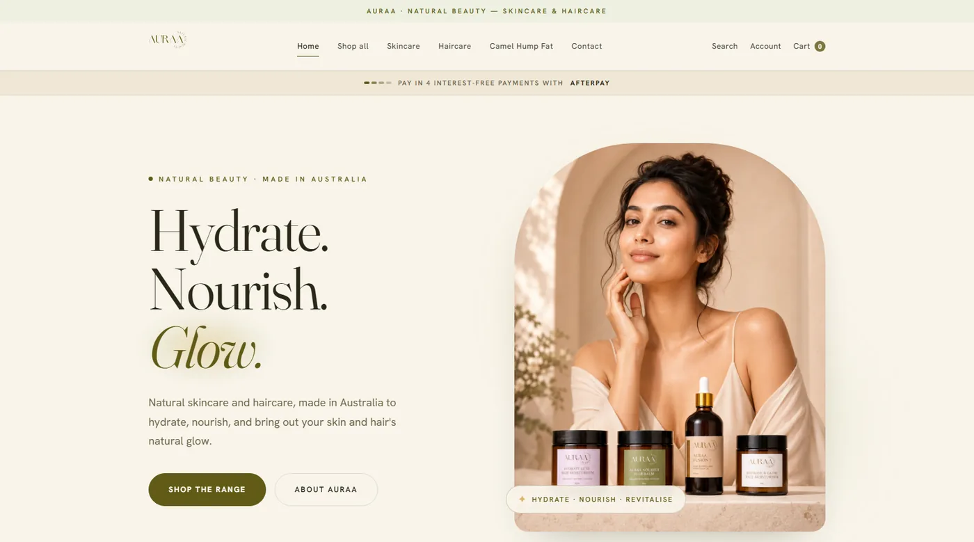 Auraa online store homepage — natural skincare and haircare