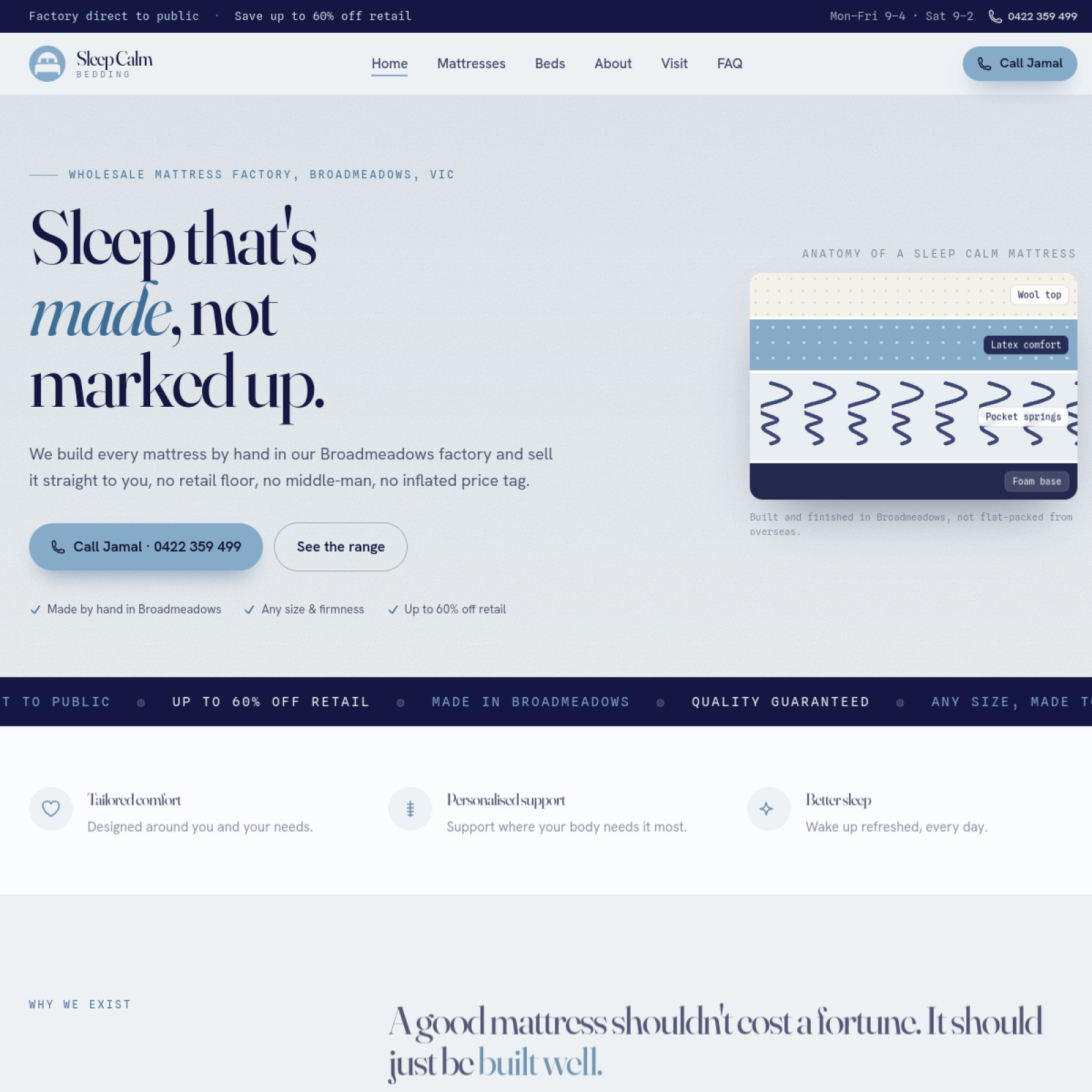 Sleep Calm Bedding website homepage — factory-direct mattresses, Broadmeadows VIC